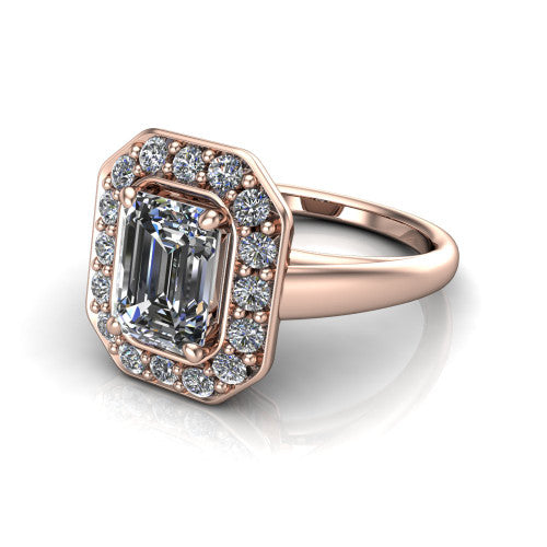 Makenna emerald halo engagement ring in 14K Rose Gold, three-quarter perspective showing the emerald center in a single pav&eacute; diamond halo above a plain polished band