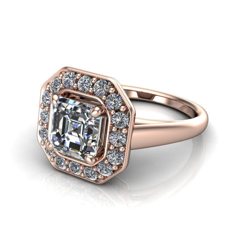 Makenna square emerald halo engagement ring in 14K Rose Gold, three-quarter perspective showing the square emerald center in a single pav&eacute; diamond halo above a plain polished band