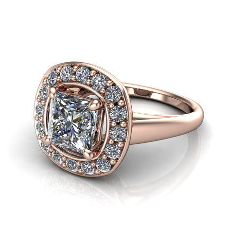 Makenna princess halo engagement ring in 18K Rose Gold, three-quarter perspective showing the princess center in a single pav&eacute; diamond halo above a plain polished band