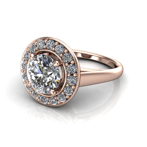 Makenna round halo engagement ring in 14K Rose Gold, three-quarter perspective showing the round center in a single pav&eacute; diamond halo above a plain polished band