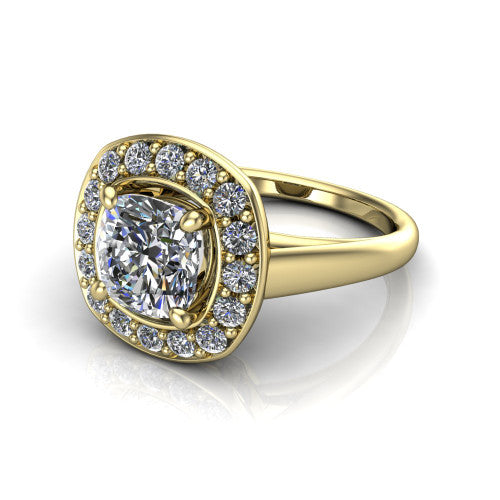 Makenna cushion halo engagement ring in 14K Yellow Gold, three-quarter perspective showing the cushion center in a single pav&eacute; diamond halo above a plain polished band