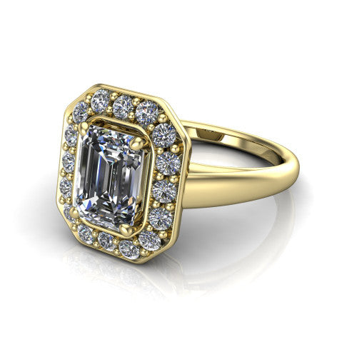 Makenna emerald halo engagement ring in 14K Yellow Gold, three-quarter perspective showing the emerald center in a single pav&eacute; diamond halo above a plain polished band