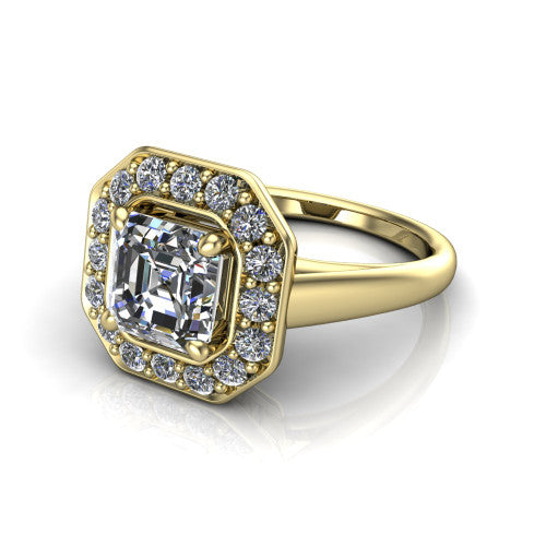 Makenna square emerald halo engagement ring in 14K Yellow Gold, three-quarter perspective showing the square emerald center in a single pav&eacute; diamond halo above a plain polished band