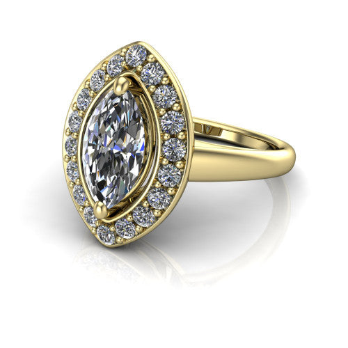 Makenna marquise halo engagement ring in 14K Yellow Gold, three-quarter perspective showing the marquise center in a single pav&eacute; diamond halo above a plain polished band
