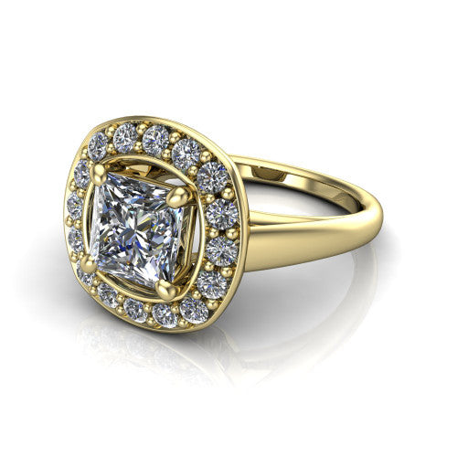 Makenna princess halo engagement ring in 14K Yellow Gold, three-quarter perspective showing the princess center in a single pav&eacute; diamond halo above a plain polished band