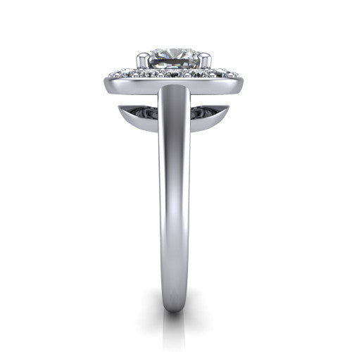 Makenna cushion halo engagement ring in 14K White Gold, side profile showing the plain polished band, cathedral rise, and the single halo in profile