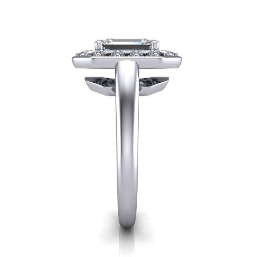 Makenna emerald halo engagement ring in 18K White Gold, side profile showing the plain polished band, cathedral rise, and the single halo in profile