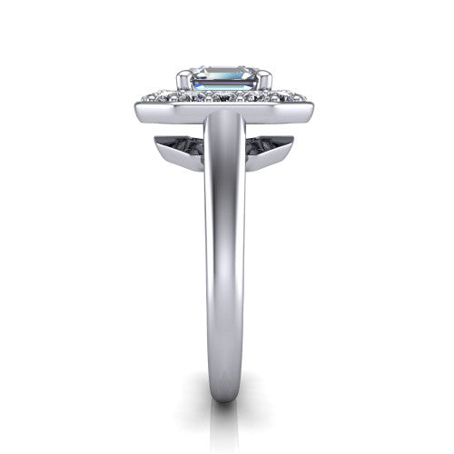 Makenna square emerald halo engagement ring in 18K White Gold, side profile showing the plain polished band, cathedral rise, and the single halo in profile