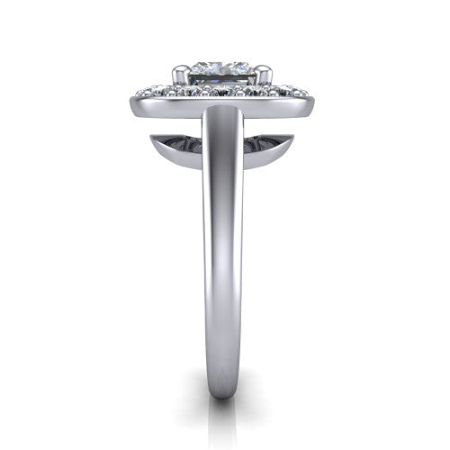 Makenna princess halo engagement ring in Platinum, side profile showing the plain polished band, cathedral rise, and the single halo in profile