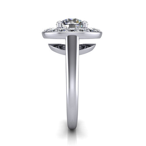 Makenna round halo engagement ring in 14K White Gold, side profile showing the plain polished band, cathedral rise, and the single halo in profile