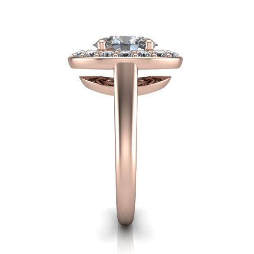 Makenna oval halo engagement ring in 18K Rose Gold, side profile showing the plain polished band, cathedral rise, and the single halo in profile