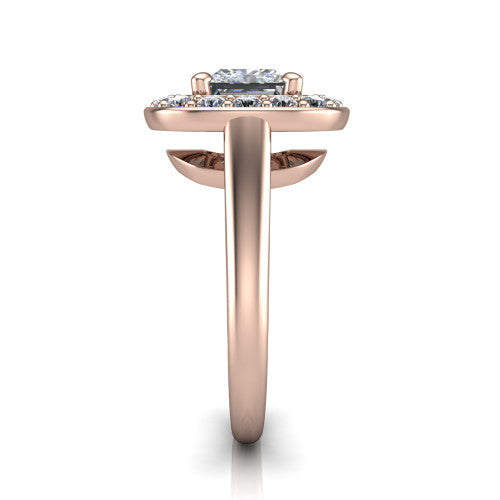Makenna princess halo engagement ring in 18K Rose Gold, side profile showing the plain polished band, cathedral rise, and the single halo in profile