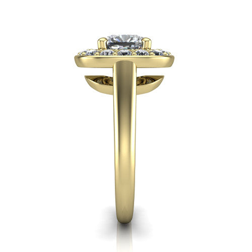 Makenna cushion halo engagement ring in 18K Yellow Gold, side profile showing the plain polished band, cathedral rise, and the single halo in profile