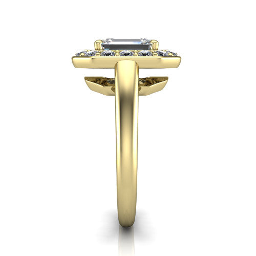 Makenna emerald halo engagement ring in 14K Yellow Gold, side profile showing the plain polished band, cathedral rise, and the single halo in profile