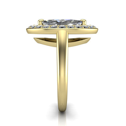 Makenna marquise halo engagement ring in 14K Yellow Gold, side profile showing the plain polished band, cathedral rise, and the single halo in profile