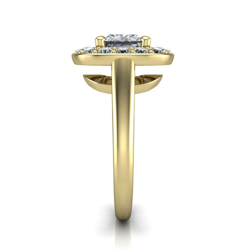 Makenna princess halo engagement ring in 14K Yellow Gold, side profile showing the plain polished band, cathedral rise, and the single halo in profile