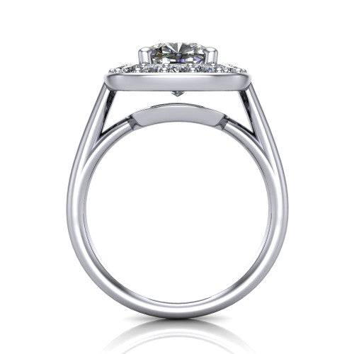 Makenna cushion halo engagement ring in 18K White Gold, through-finger front profile showing the halo head raised on four prongs above the open under-gallery