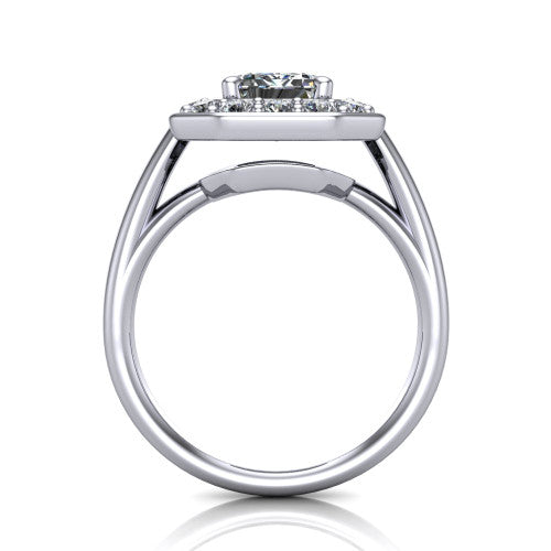 Makenna emerald halo engagement ring in Platinum, through-finger front profile showing the halo head raised on four prongs above the open under-gallery