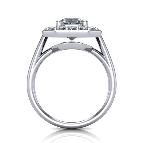 Makenna square emerald halo engagement ring in 18K White Gold, through-finger front profile showing the halo head raised on four prongs above the open under-gallery