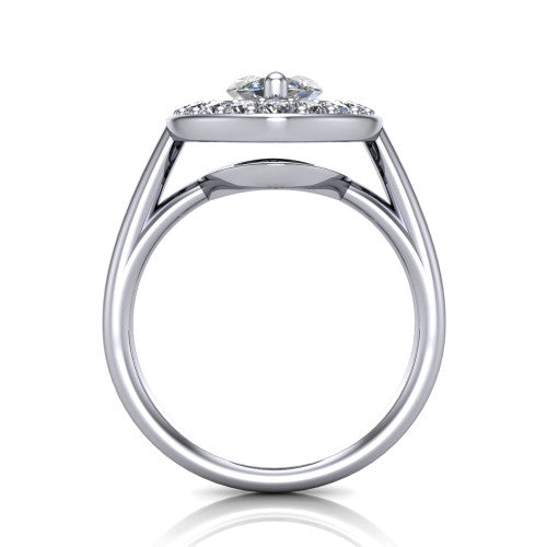 Makenna marquise halo engagement ring in 18K White Gold, through-finger front profile showing the halo head raised on four prongs above the open under-gallery