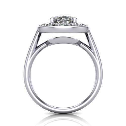 Makenna oval halo engagement ring in 18K White Gold, through-finger front profile showing the halo head raised on four prongs above the open under-gallery