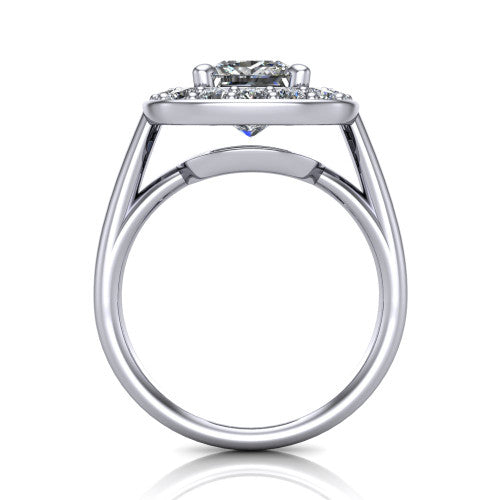 Makenna princess halo engagement ring in Platinum, through-finger front profile showing the halo head raised on four prongs above the open under-gallery