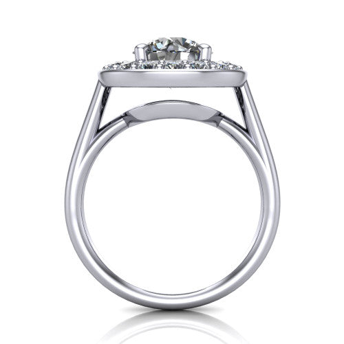 Makenna round halo engagement ring in 14K White Gold, through-finger front profile showing the halo head raised on four prongs above the open under-gallery