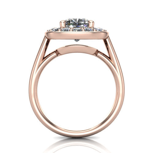 Makenna cushion halo engagement ring in 14K Rose Gold, through-finger front profile showing the halo head raised on four prongs above the open under-gallery