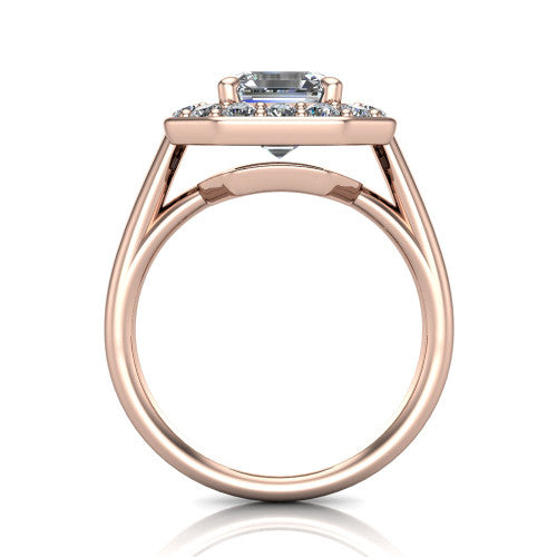 Makenna square emerald halo engagement ring in 18K Rose Gold, through-finger front profile showing the halo head raised on four prongs above the open under-gallery