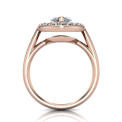 Makenna marquise halo engagement ring in 18K Rose Gold, through-finger front profile showing the halo head raised on four prongs above the open under-gallery
