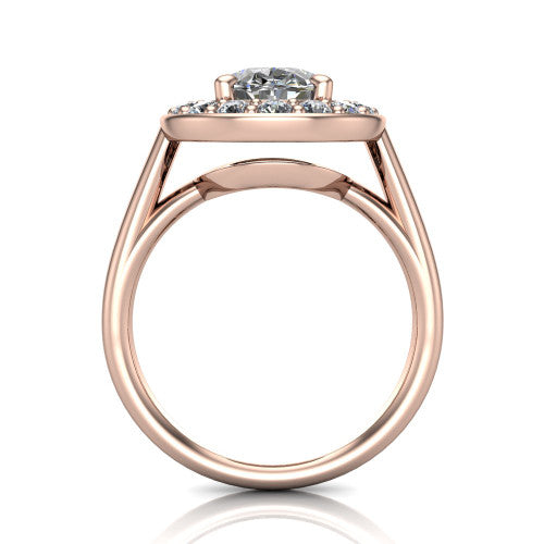 Makenna oval halo engagement ring in 14K Rose Gold, through-finger front profile showing the halo head raised on four prongs above the open under-gallery