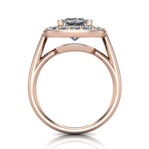 Makenna princess halo engagement ring in 18K Rose Gold, through-finger front profile showing the halo head raised on four prongs above the open under-gallery