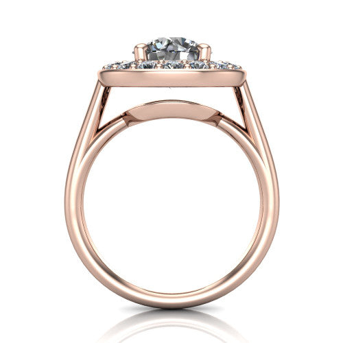 Makenna round halo engagement ring in 18K Rose Gold, through-finger front profile showing the halo head raised on four prongs above the open under-gallery
