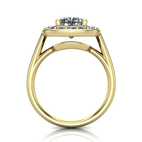 Makenna cushion halo engagement ring in 18K Yellow Gold, through-finger front profile showing the halo head raised on four prongs above the open under-gallery