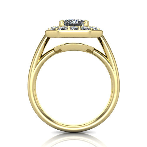 Makenna emerald halo engagement ring in 14K Yellow Gold, through-finger front profile showing the halo head raised on four prongs above the open under-gallery