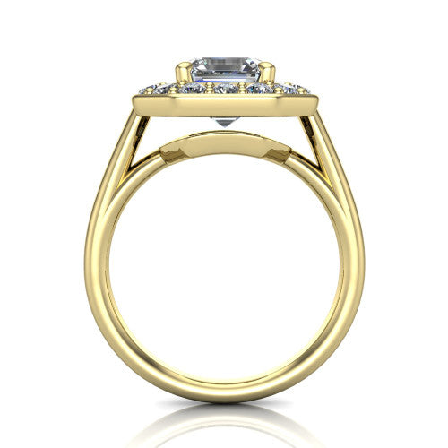Makenna square emerald halo engagement ring in 14K Yellow Gold, through-finger front profile showing the halo head raised on four prongs above the open under-gallery