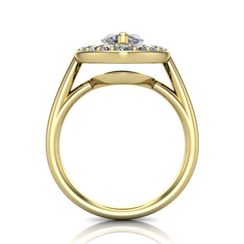 Makenna marquise halo engagement ring in 14K Yellow Gold, through-finger front profile showing the halo head raised on four prongs above the open under-gallery