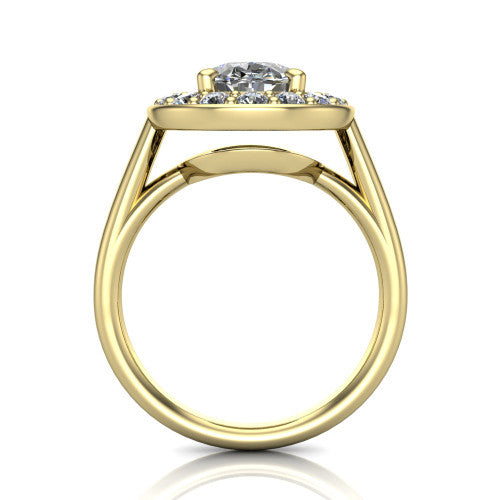 Makenna oval halo engagement ring in 18K Yellow Gold, through-finger front profile showing the halo head raised on four prongs above the open under-gallery
