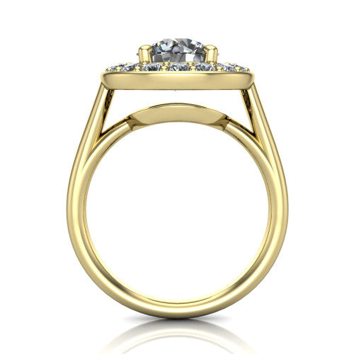 Makenna round halo engagement ring in 18K Yellow Gold, through-finger front profile showing the halo head raised on four prongs above the open under-gallery