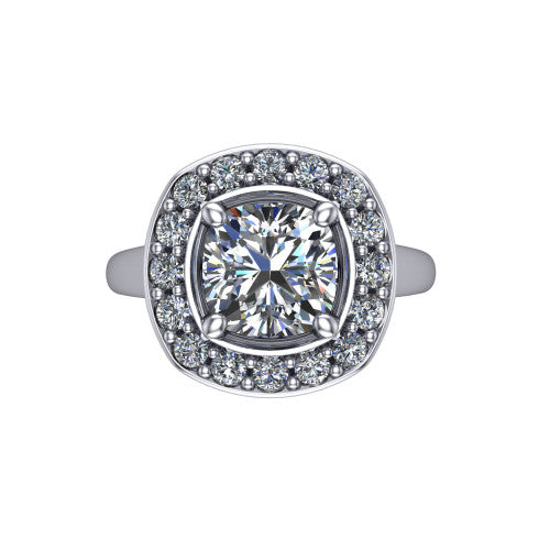 Makenna cushion halo engagement ring in 14K White Gold, top-down view showing the full pav&eacute; halo framing the cushion center from above