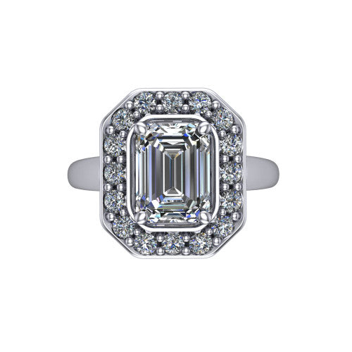 Makenna emerald halo engagement ring in 14K White Gold, top-down view showing the full pav&eacute; halo framing the emerald center from above