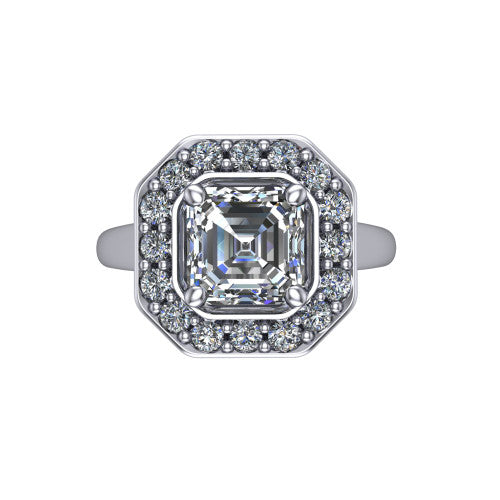 Makenna square emerald halo engagement ring in Platinum, top-down view showing the full pav&eacute; halo framing the square emerald center from above