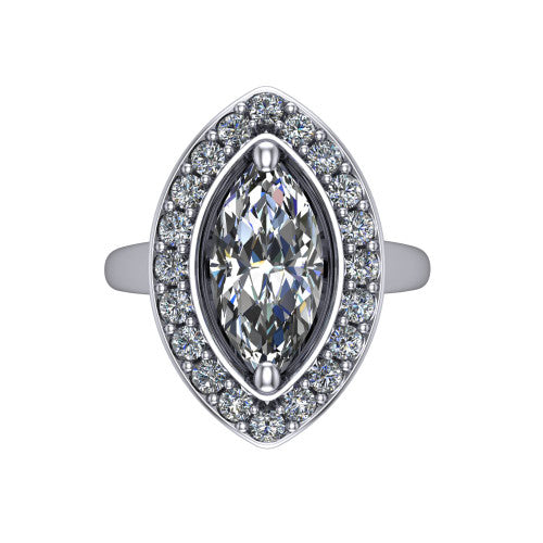 Makenna marquise halo engagement ring in 14K White Gold, top-down view showing the full pav&eacute; halo framing the marquise center from above