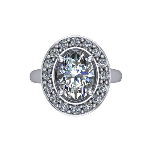 Makenna oval halo engagement ring in Platinum, top-down view showing the full pav&eacute; halo framing the oval center from above