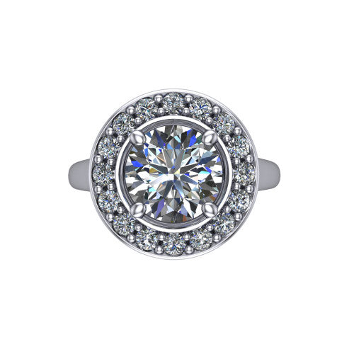 Makenna round halo engagement ring in Platinum, top-down view showing the full pav&eacute; halo framing the round center from above