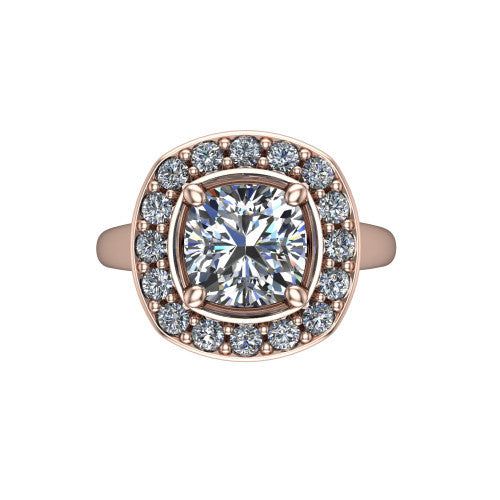 Makenna cushion halo engagement ring in 14K Rose Gold, top-down view showing the full pav&eacute; halo framing the cushion center from above