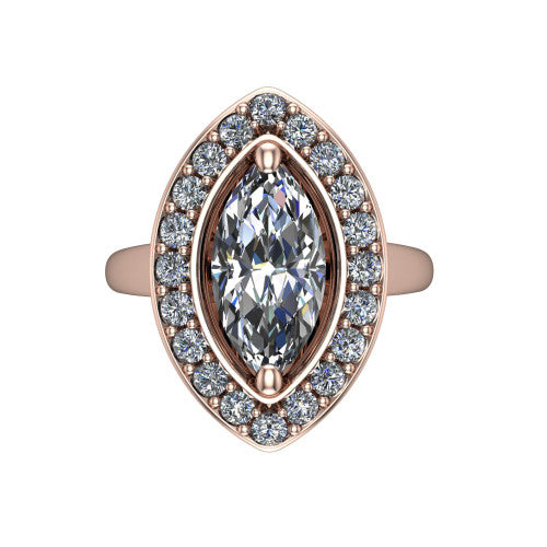 Makenna marquise halo engagement ring in 14K Rose Gold, top-down view showing the full pav&eacute; halo framing the marquise center from above