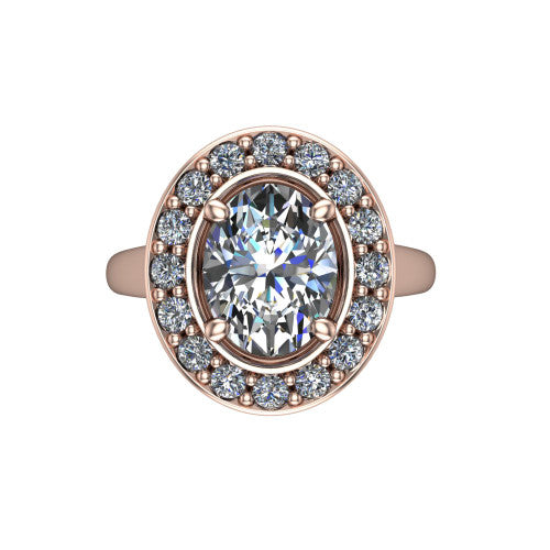 Makenna oval halo engagement ring in 14K Rose Gold, top-down view showing the full pav&eacute; halo framing the oval center from above