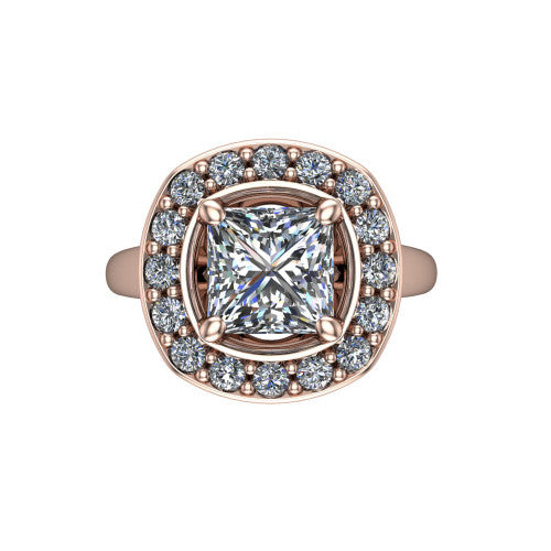Makenna princess halo engagement ring in 18K Rose Gold, top-down view showing the full pav&eacute; halo framing the princess center from above
