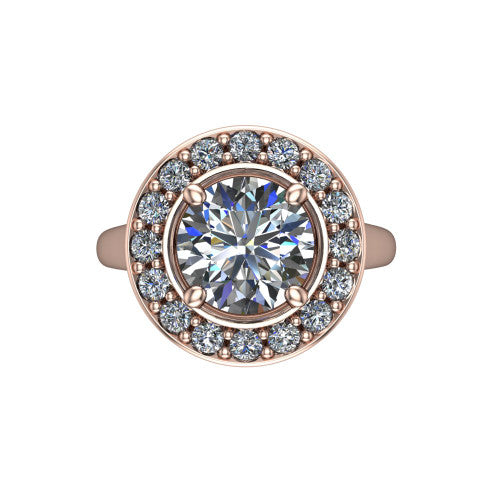 Makenna round halo engagement ring in 18K Rose Gold, top-down view showing the full pav&eacute; halo framing the round center from above